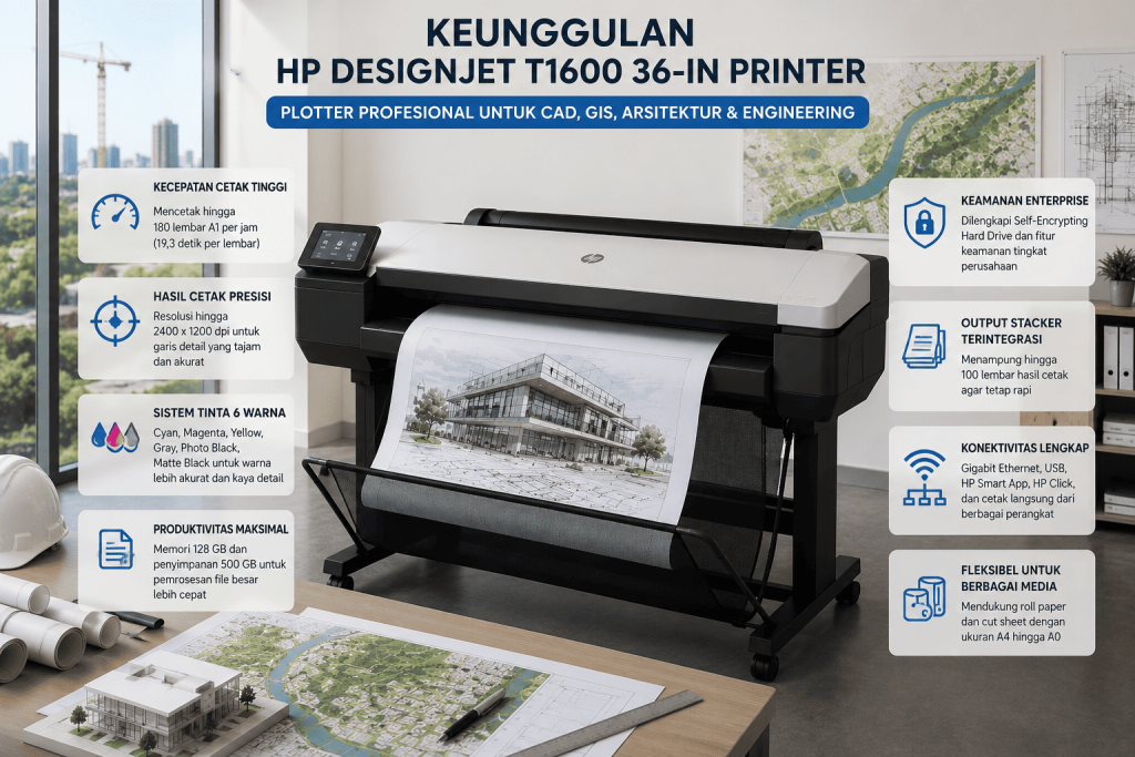 Jual HP DesignJet T1600 36-in Printer dengan keunggulan kecepatan cetak tinggi, hasil presisi, dan dukungan untuk kebutuhan CAD, GIS, arsitektur, serta engineering.