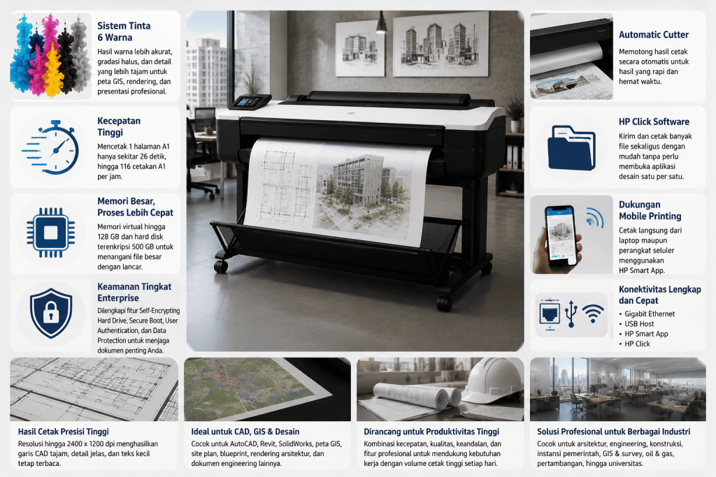 HP DesignJet T1700 44-in Printer plotter profesional untuk CAD, GIS, arsitektur, engineering, dan konstruksi dengan hasil cetak large format berkualitas tinggi.