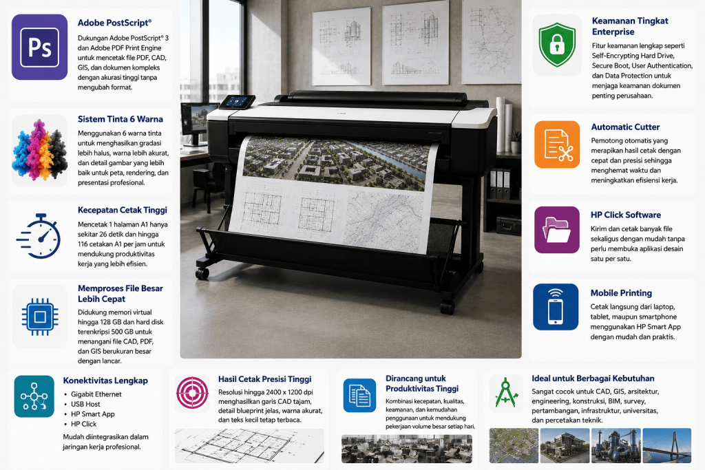 HP DesignJet T1700 44-inch PostScript Printer plotter profesional untuk CAD, GIS, arsitektur, engineering, dan desain dengan Adobe PostScript serta hasil cetak presisi.