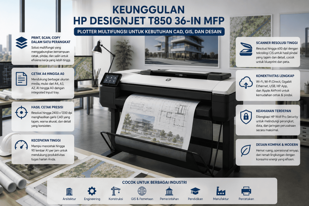 Jual HP DesignJet T850 36-in MFP dengan keunggulan print, scan, copy, hasil cetak presisi, dan konektivitas lengkap untuk kebutuhan CAD, GIS, arsitektur, serta engineering.