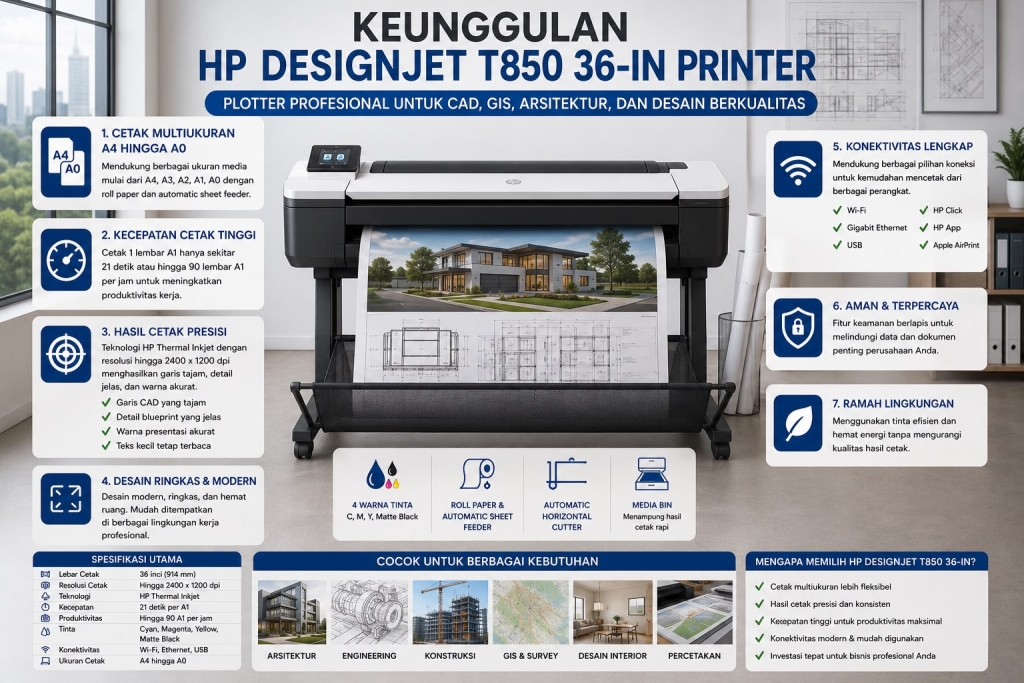 HP DesignJet T850 36-in Printer untuk CAD, GIS, arsitektur, konstruksi, dan desain grafis dengan hasil cetak presisi berukuran hingga A0.