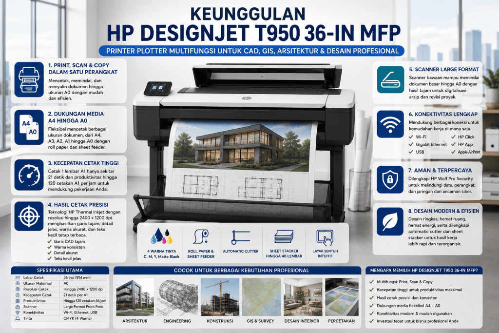 HP DesignJet T950 36-in MFP Printer Plotter Multifungsi untuk CAD, GIS, arsitektur, konstruksi, dan desain profesional dengan fitur print, scan, dan copy.