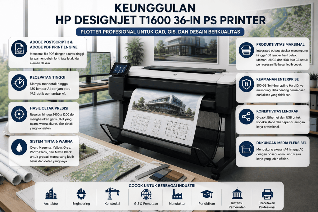 Jual HP DesignJet T1600 36-in PS Printer dengan keunggulan Adobe PostScript 3, Adobe PDF Print Engine, hasil cetak presisi, dan kecepatan tinggi untuk kebutuhan CAD, GIS, arsitektur, serta engineering.