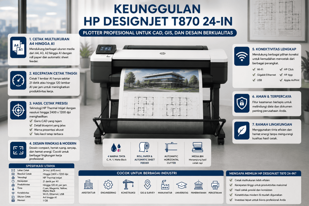 Jual HP DesignJet T870 24-in Printer dengan keunggulan cetak A4 hingga A1, hasil cetak presisi, kecepatan tinggi, dan konektivitas modern untuk kebutuhan CAD, GIS, arsitektur, serta engineering.