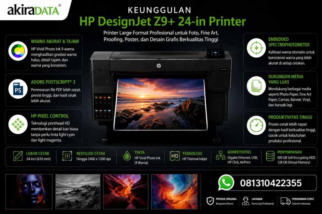 Jual HP DesignJet Z9+ 24-in PostScript Printer untuk kebutuhan fotografi profesional, fine art, poster, proofing, dan desain grafis dengan hasil cetak warna berkualitas tinggi.