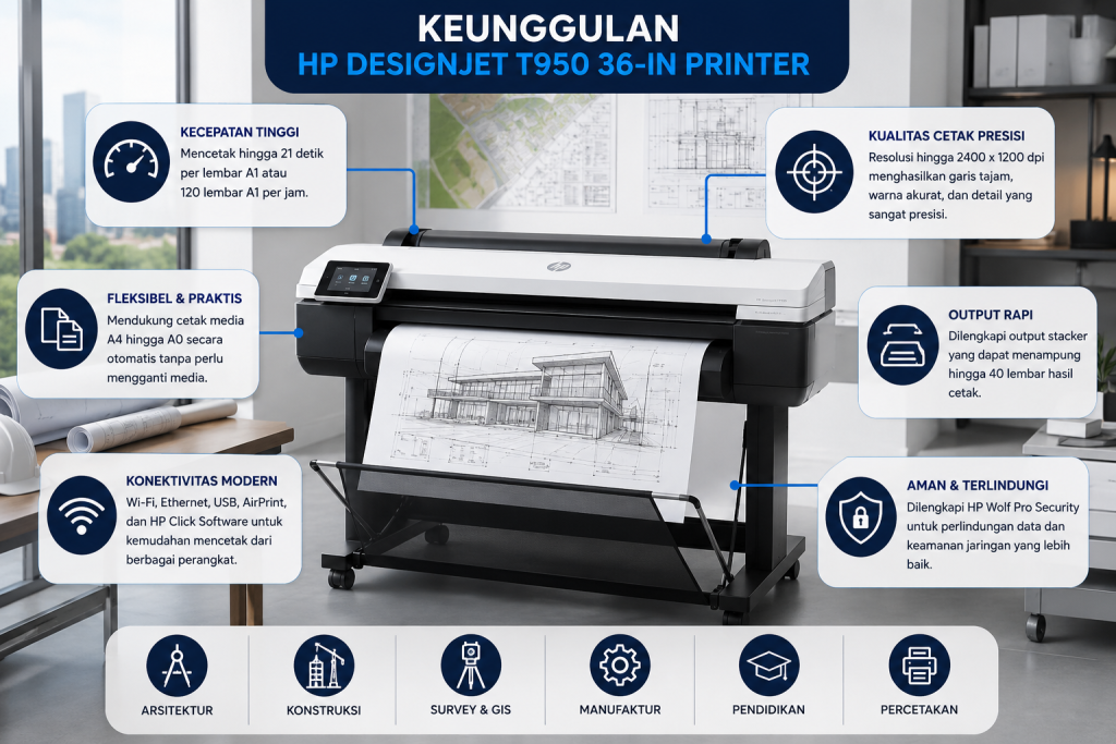 Jual HP DesignJet T950 36-in Printer dengan keunggulan kecepatan cetak tinggi, hasil presisi, dan dukungan cetak CAD, GIS, serta blueprint profesional.