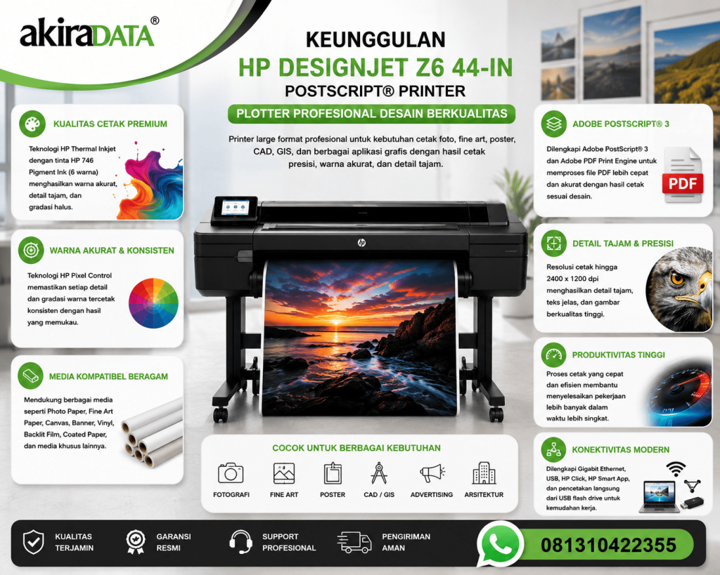 Keunggulan Jual HP DesignJet Z6 44-in PostScript Printer dengan HP Thermal Inkjet, Adobe PostScript®, HP Pixel Control, hasil cetak presisi, warna akurat, dan performa tinggi untuk fotografi, fine art, CAD, GIS, serta poster profesional.