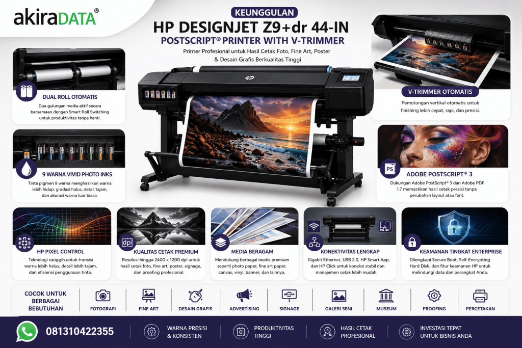 Keunggulan HP DesignJet Z9+dr 44-in PostScript® Printer with V-Trimmer dengan Dual Roll otomatis, Vertical Trimmer, HP Vivid Photo Inks 9 warna, Adobe PostScript®, dan hasil cetak premium untuk fotografi, fine art, poster, serta desain grafis profesional.