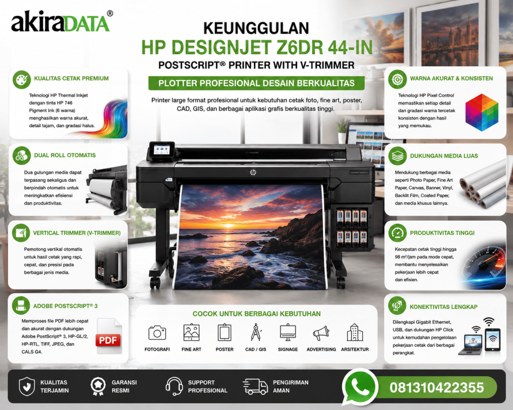 Keunggulan Jual HP DesignJet Z6dr 44-in PostScript Printer dengan Dual Roll, Vertical Trimmer, Adobe PostScript®, hasil cetak presisi, dan kualitas profesional untuk fotografi, CAD, GIS, poster, serta fine art.