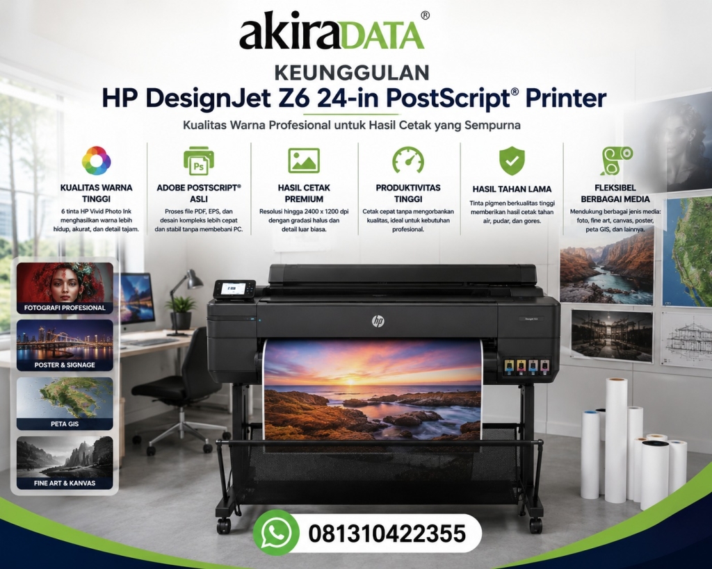 Keunggulan Jual HP DesignJet Z6 24-in PostScript® Printer dengan teknologi HP Vivid Photo Ink, Adobe PostScript®, dan kualitas cetak profesional untuk fotografi, poster, GIS, serta fine art.