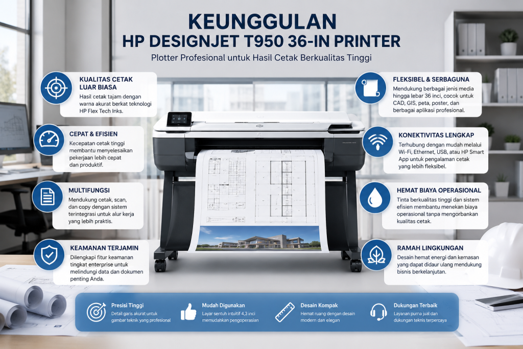 Keunggulan Jual HP DesignJet T200 AutoSheet Feeder original dengan sistem pengumpan kertas otomatis untuk meningkatkan produktivitas pencetakan CAD, GIS, arsitektur, dan dokumen teknik.