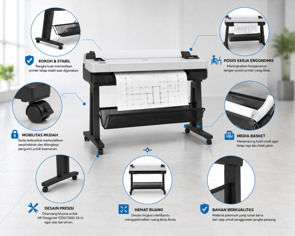 Keunggulan Jual HP DesignJet T200/T600 24-in Printer Stand dengan desain kokoh, media basket, roda fleksibel, dan dudukan ergonomis untuk printer plotter CAD, GIS, arsitektur, dan engineering.