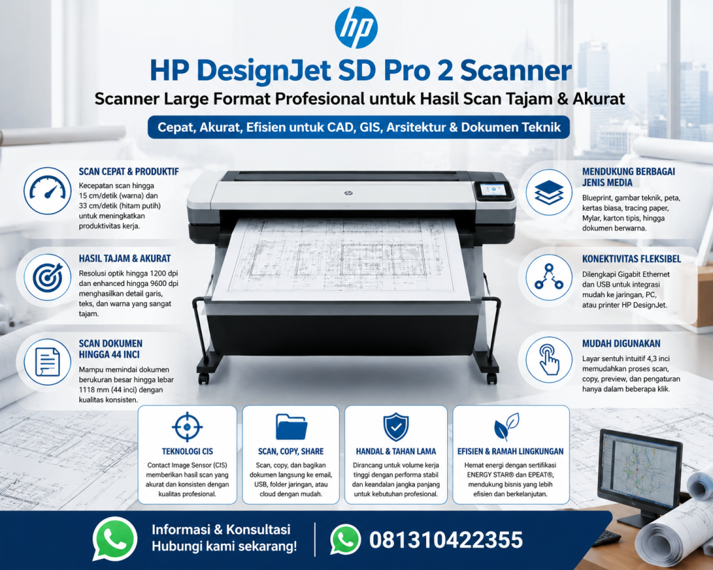 Jual HP DesignJet SD Pro 2 Scanner dengan keunggulan kecepatan scan tinggi, resolusi tajam, dan dukungan dokumen large format untuk CAD, GIS, arsitektur, dan blueprint