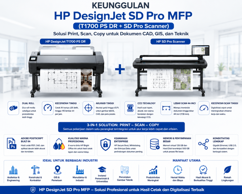 Keunggulan Jual HP DesignJet SD Pro MFP dengan printer HP DesignJet T1700 PS DR dan SD Pro Scanner untuk kebutuhan print, scan, dan copy dokumen CAD, GIS, serta engineering profesional.