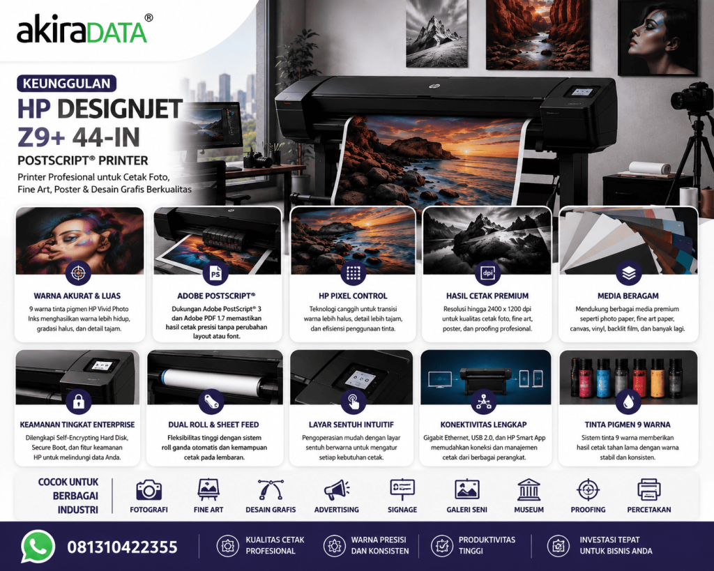 Keunggulan HP DesignJet Z9+ 44-in PostScript® Printer dengan teknologi HP Vivid Photo Inks 9 warna, Adobe PostScript®, HP Pixel Control, dan hasil cetak premium untuk foto, fine art, poster, serta desain grafis profesional.