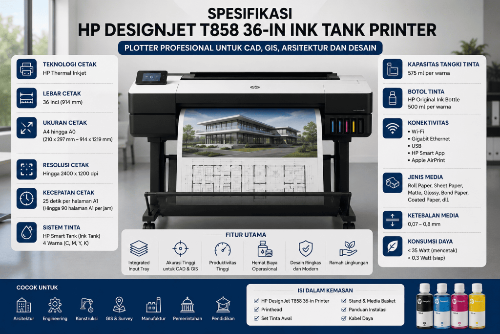 Jual HP DesignJet T858 36-in Ink Tank Printer dengan sistem Smart Tank, hasil cetak presisi, dan performa tinggi untuk kebutuhan CAD, GIS, arsitektur, serta engineering.